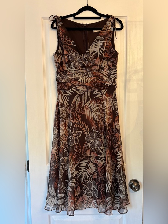Laura Dresses & Skirts - Floral Brown Midi Dress with Cream & Tan Leaf Print